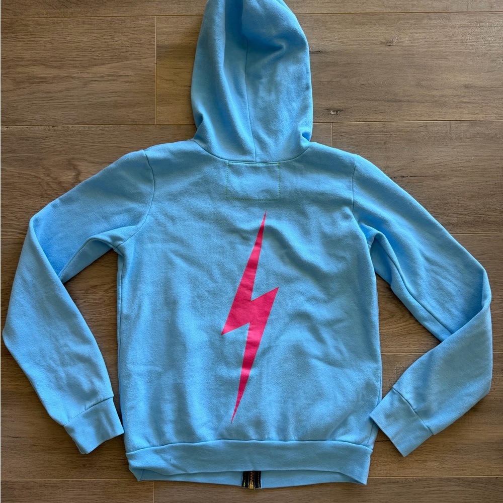 Aviator Nation Light Blue Zip Hoodie with Pink Lightning Bolt - Picture 2 of 2